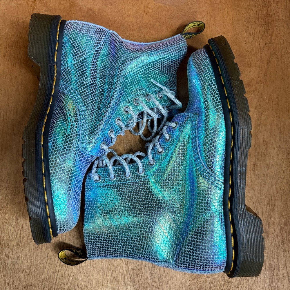Dr. Martens 1460 Pascal Turquoise Blue Iridescent Mermaid Textured Boots Size 7